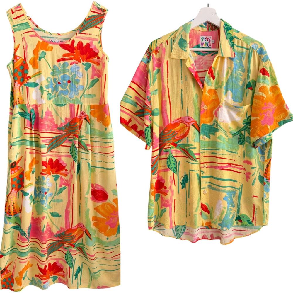 Jams World Honeymoon Set Dress XL Shirt Mens M Floral Parrot Hawaiian Matching